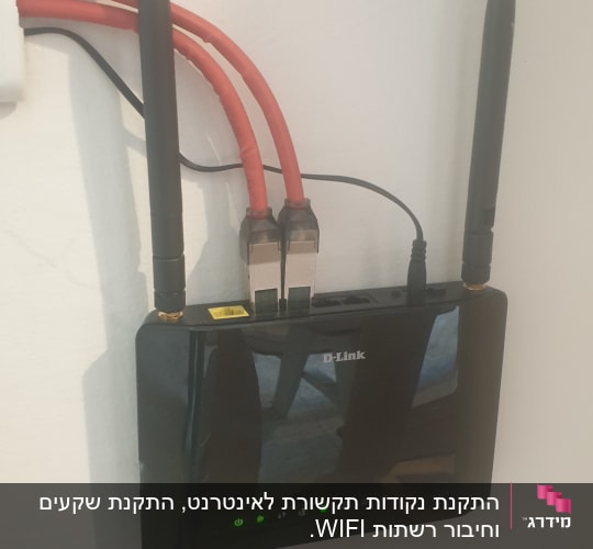 נתב D-Link עם כבלים אדומים מחוברים